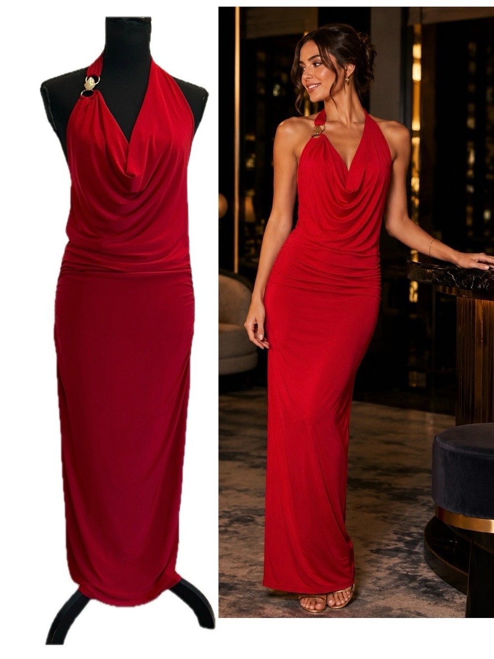 21 Saints Red Halter Cowl Neck Ruched Draped Maxi Dress Gold Ring Detail L NWT